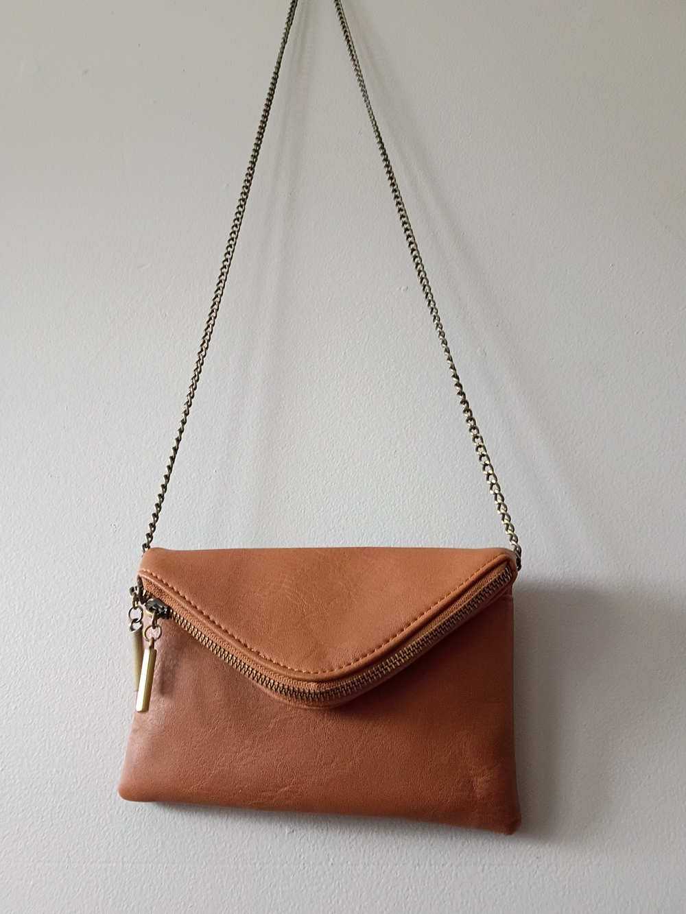 Tan Leather Envelope Crossbody Bag with Chain Strap